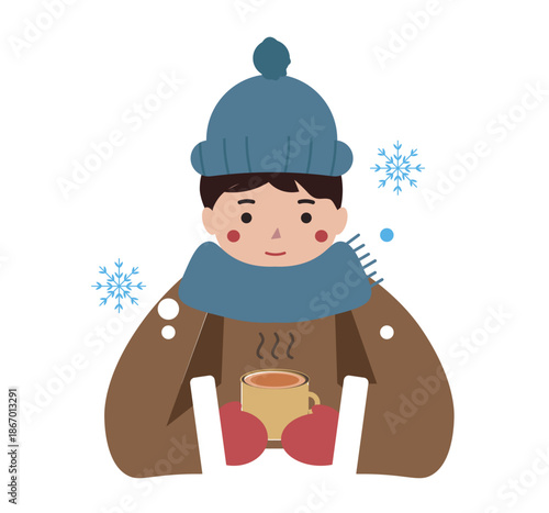 カフェラテを飲む男性。冬にホットドリンクで体を温める男性。カフェ。ベクターイラスト