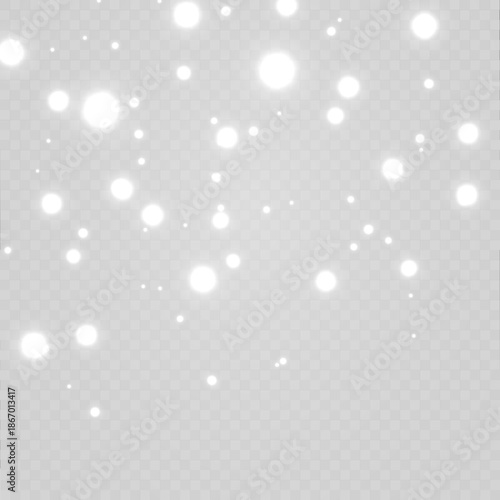 Silver dust particles drift through blurred bokeh sparkle, white glitter, shimmer, gentle glow, filled with twinkle, sparks, radiant highlights for Christmas and New Year. PNG vector illustration.