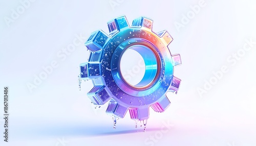 Shiny gear made of ice blocks, glowing with a rainbow spectrum