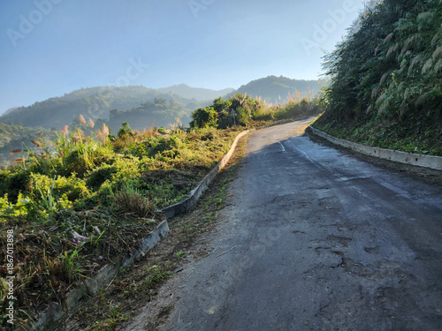 Winding Road to Scenic Mountains: An open road winds its way through a mountainous terrain under a clear blue sky, inviting exploration and adventure.