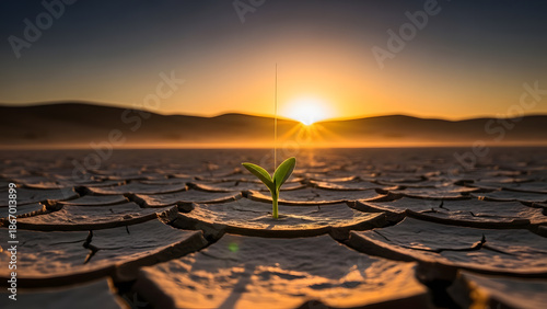 A small green sprout emerging from cracked parched earth under a bright setting sun representing hope