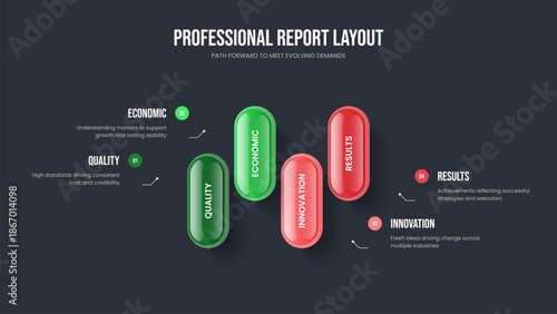 Enterprise Planning Slide Layout Vector Illustration. Market Visualization Four Element Infographic Presentation Design. Sales Proposal 4 Option Diagram Slideshow Template.
