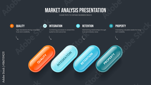 Visual Insight 4 Step Diagram Slide Design. Digital Visualization Four Element Infographic Slideshow Layout. Corporate Solution Presentation Template Vector Illustration.