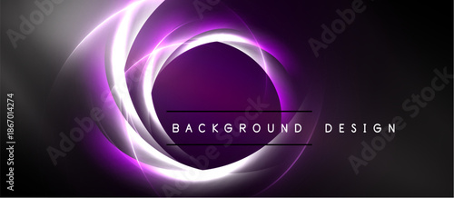 Abstract purple design features glowing circular layers. Smooth curves create dynamic visual impact. Dark background enhances luminosity.