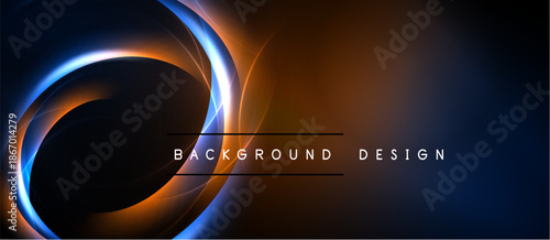 Abstract design features glowing circular shapes, orange, blue hues. Dark background creates dramatic visual impact. Modern, sleek presentation.