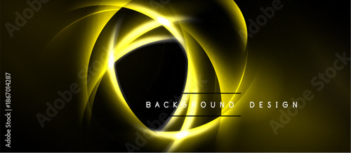 Abstract golden swirls over black background. Dynamic lines create glowing effect, modern design element. Simple text reads background design.