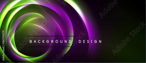 Abstract neon swirls, vibrant green, purple hues. Dark background creates dramatic visual effect. Text reads background design.
