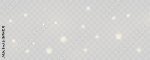 Radiant golden dust glows sparkle, glitter light, shimmer, twinkle across blurred bokeh, surrounded by sparks, luminous highlights, soft flare for Christmas and New Year mood. PNG vector illustration.