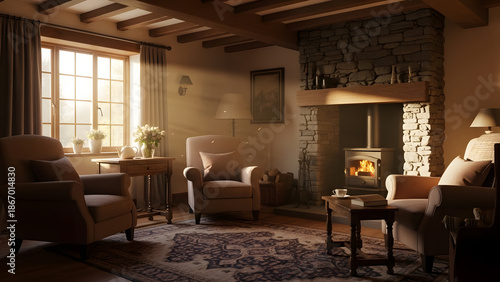 A cozy cottage interior featuring stone fireplace with burning wood and sunlight streaming through the window