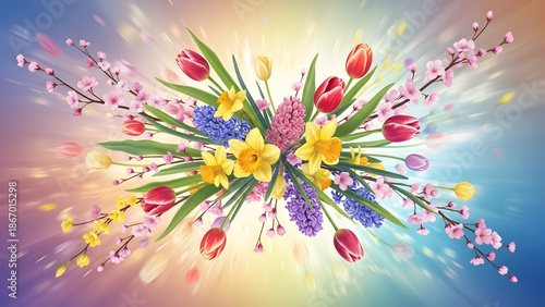 A dynamic and colorful arrangement of spring flowers including tulips and daffodils bursting from the center