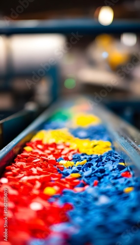 Wallpaper Mural Vibrant plastic recycling process shows colorful chips moving on a modern conveyor belt system Torontodigital.ca