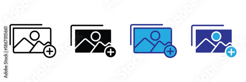 Vector illustration icon collection of four different colored icons representing image upload or addition to a digital platform on a set icon isolated on