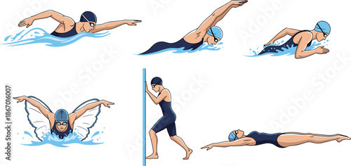 Swimming strokes, freestyle, backstroke, breaststroke, butterfly, dive start, floating pose, swim cap, goggles, athlete motion, black silhouette