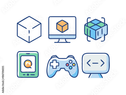 Virtual Reality Learning Icons with VR Headset and 3D Cube Vector
