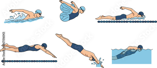 Swimming techniques, freestyle, butterfly, breaststroke, underwater glide, diving entry, swim cap, goggles, athlete motion, black silhouette, water sport