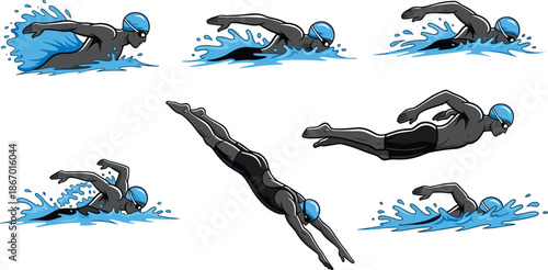 Swimming strokes, freestyle, butterfly, breaststroke, diving entry, underwater glide, splash motion, swim cap, goggles, athlete silhouette, water sport