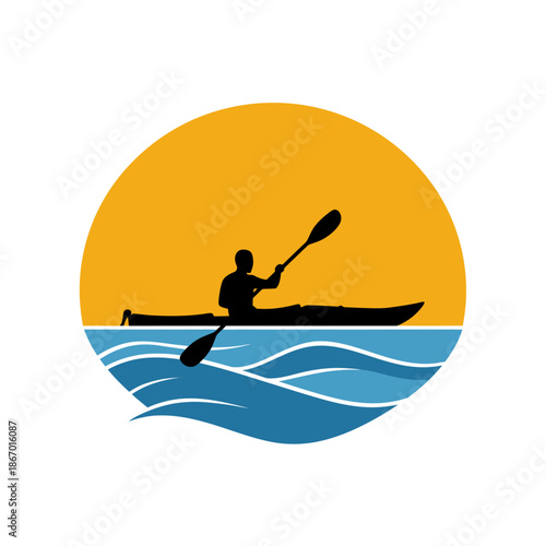 Kayak Paddler Silhouette Icon Against Orange Sun and Blue Waves