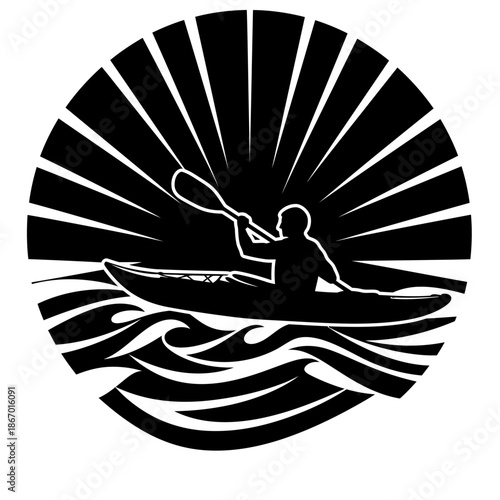 Kayaker Paddling Silhouette on Waves Against Sunburst Background - Black and White Circle Illustration