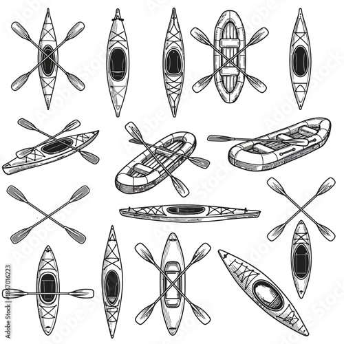 Vintage Engraving Style Kayak, Raft, and Paddle Set for Water Sports and Outdoor Recreation