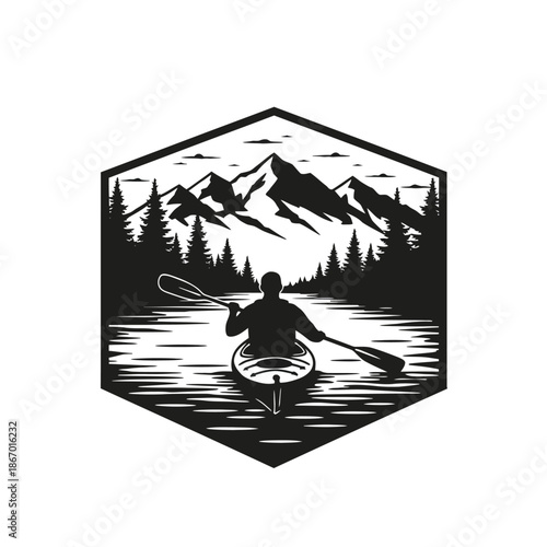 Wilderness Kayaking Adventure Logo - Mountain and Forest Emblem