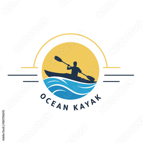 Vintage Ocean Kayak Logo Badge with Paddler Silhouette and Sunset
