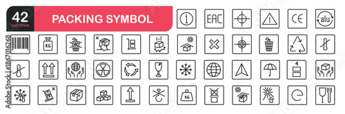 Set of line icons related to fragile, to protect from the sun, processing, protected from moisture and other signs. Outline icons collection. Editable stroke. Vector illustration