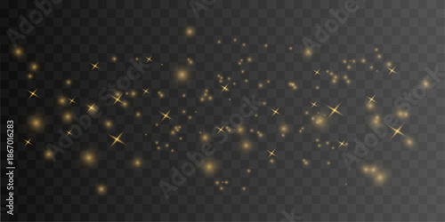 Golden yellow dust particles drift through soft bokeh, blur with sparkle, glitter, shimmer, glow filled with twinkle, sparks, radiant highlights for Christmas and New Year. PNG vector illustration.