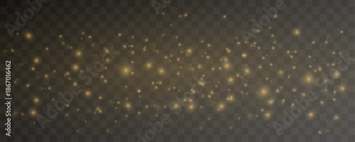 Shimmering golden dust sparkles, glitter sparks over glowing bokeh blur, enhanced by radiant highlights, warm flare, floating particles twinkle for Christmas, New Year magic. PNG vector illustration.