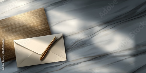 Elegant Stationery on Marble with Natural Light and Wood Accent