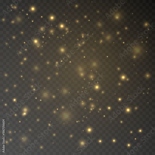 Golden dust flows gently sparkle, glitter through soft bokeh blur, glowing sparks shimmer, warm highlights, flare, floating light particles twinkle for Christmas, New Year. PNG vector illustration.