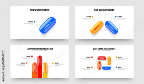 Consulting Review One Two Three Four Element Diagram Slide Template Vector Illustration Bundle. Financial Strategy 1 2 3 4 Option Infographic Slideshow Layout Set.