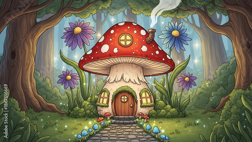 A whimsical red mushroom house with windows and a door situated in a magical glowing forest surrounded by flowers