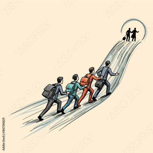 Group of people climbing uphill towards a bright future, symbolizing success, teamwork, and goals.