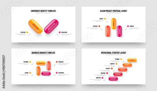 Company Briefing Two Three Four Five Option Diagram Slide Layout Vector Illustration Bundle. Project Plan 2 3 4 5 Element Infographic Presentation Template Set.