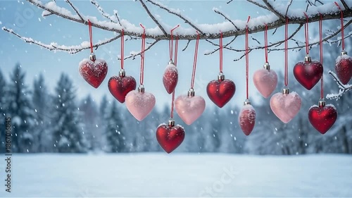 Winter Pine Branch with Red Hearts in Snowy Forest