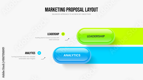 Digital Portfolio Two Option Diagram Frame Layout. Financial Showcase 2 Element Infographic Slide Design. Advertising Review Slideshow Template Vector Illustration.