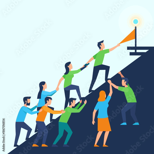 Teamwork climbing mountain to goal flag, collaboration success, support, helping hands