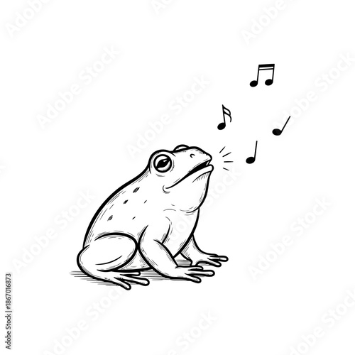 Singing Frog with Musical Notes Illustration - Black and White Outline