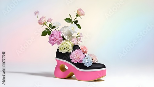 Creative flower arrangement in a high-heeled shoe vase