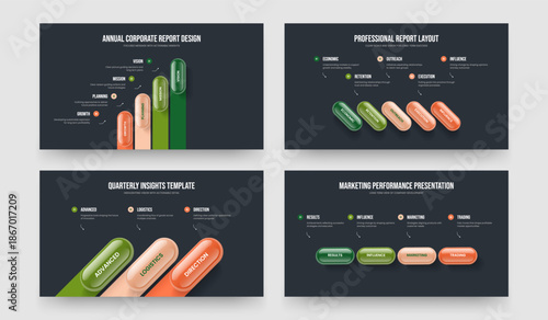 Enterprise Growth 4 5 3 Element Infographic Slideshow Design Bundle. Visual Performance Four Five Three Option Diagram Presentation Template Vector Illustration Set.