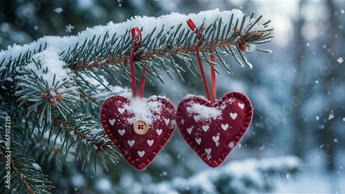 Winter Pine Branch with Red Hearts in Snowy Forest