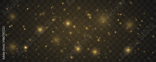 Radiant golden dust glows sparkle, glitter light, shimmer, twinkle across blurred bokeh, surrounded by sparks, luminous highlights, soft flare for Christmas and New Year mood. PNG vector illustration.