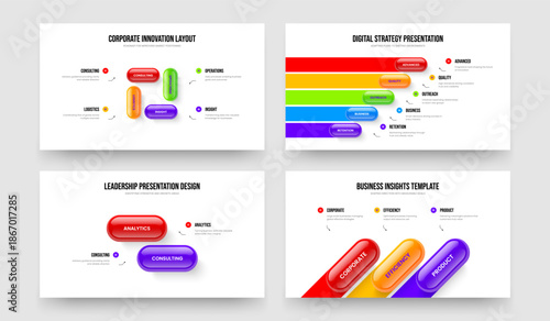 Product Visualization 4 5 2 3 Element Diagram Slideshow Design Bundle. Consulting Solution Four Five Two Three Option Infographic Frame Template Vector Illustration Collection.