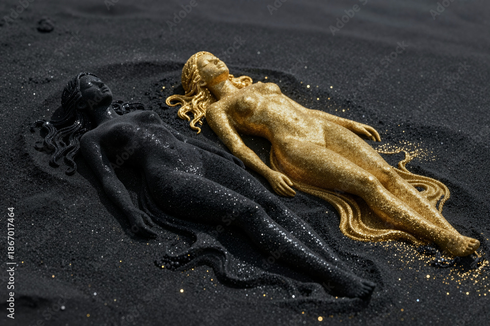 Obraz premium Abstract representation of duality with golden and obsidian feminine forms.