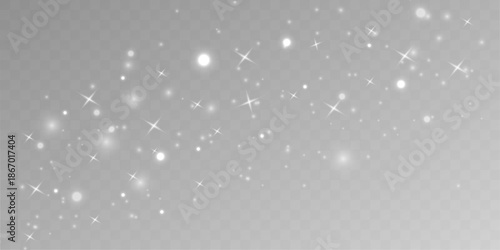 Silver dust flows softly with sparkle, glitter through glowing bokeh blur, filled with shimmer, warm glow, radiant highlights, festive flare for Christmas and New Year. PNG vector illustration.
