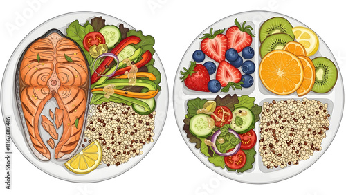 An illustration of two balanced meal plates featuring grilled salmon steak, quinoa, fresh garden salad, and a variety of fruits like strawberries, blueberries, kiwi, and oranges