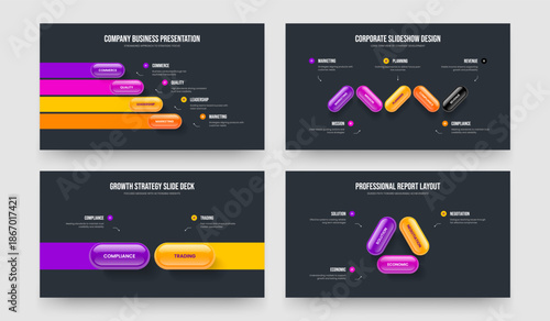 Sales Report 4 5 2 3 Step Diagram Frame Layout Bundle. Financial Analysis Four Five Two Three Option Infographic Slide Template Vector Illustration Set.
