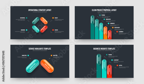 Financial Campaign 4 5 2 3 Element Diagram Frame Design Bundle. Project Insight Four Five Two Three Step Infographic Slide Layout Vector Illustration Collection.