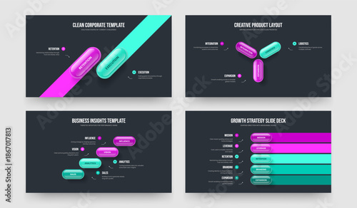 Advertising Innovation 2 3 4 5 Element Diagram Slide Template Set. Company Briefing Two Three Four Five Step Infographic Presentation Layout Vector Illustration Bundle.