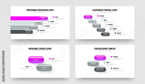 Business Profile 4 5 2 3 Option Infographic Presentation Template Set. Professional Portfolio Four Five Two Three Element Diagram Slide Layout Vector Illustration Bundle.